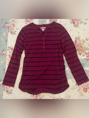 Great Expectations Women's Burgundy and Black Striped Henley Top